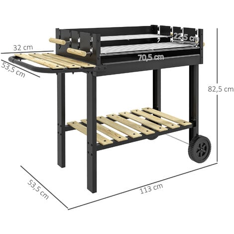 Barbecue à charbon sur pied double grille réglable 2 roues 2 étagères noir