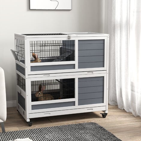 Clapier cage lapin sur roulettes - 2 niveaux, 2 plateaux, 3 portes, rampes - bois sapin gris blanc