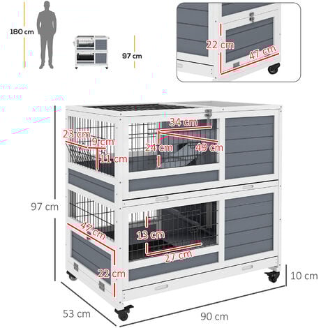 Clapier cage lapin sur roulettes - 2 niveaux, 2 plateaux, 3 portes, rampes - bois sapin gris blanc