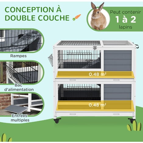 Clapier cage lapin sur roulettes - 2 niveaux, 2 plateaux, 3 portes, rampes - bois sapin gris blanc