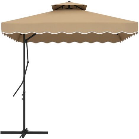 Parasol déporté carré pied en croix double toit lambrequin vague douce kaki