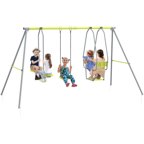 Balançoire 3 agrès portique 2 face à face et balançoire dim. 2,83L x 1,56l x 1,8H m métal époxy PE gris vert