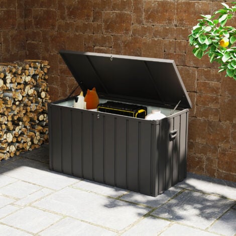 Coffre de rangement jardin capacité 450L - vérin à gaz, roulettes, poignée - acier PP anthracite