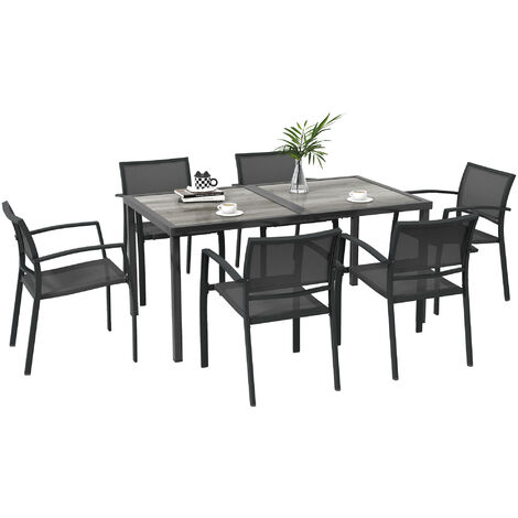 Outsunny – Salon de jardin en acier 7 pièces – 1 table 150x87cm – 6 chaises empilables – métal textilène gris foncé – cadre en acier revêtu (1/5)