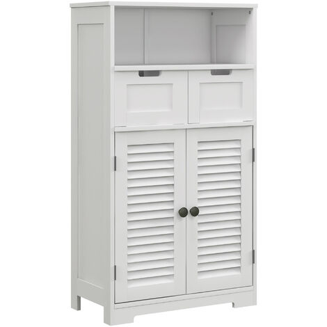 Kleankin – Meuble bas de salle de bain blanc 2 portes persiennes 2 tiroirs – Dimensions 61L x 30,5l x 109,5H cm – MDF durable pour espaces restreints (1/5)