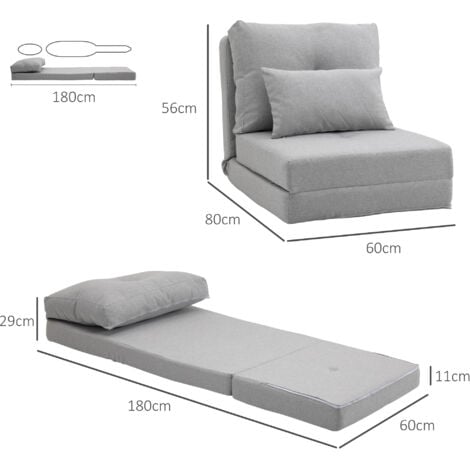 Chauffeuse dossier inclinable - fauteuil convertible - 2 coussins inclus - tissu lin gris clair