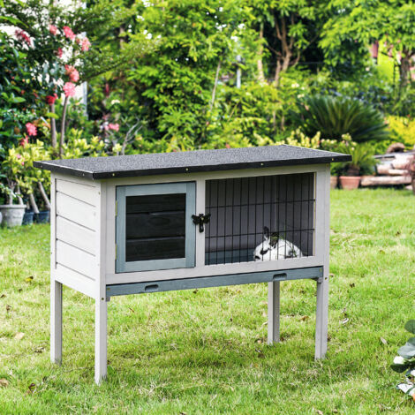 Clapier sur pied cage à lapin avec niche intérieure plateau excrément coulissant porte verrouillable toit ouvrant bois sapin gris