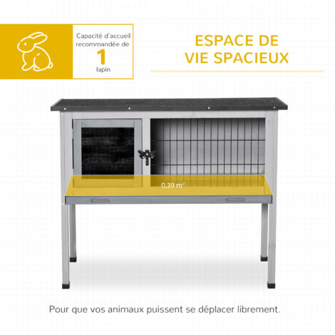 Clapier sur pied cage à lapin avec niche intérieure plateau excrément coulissant porte verrouillable toit ouvrant bois sapin gris