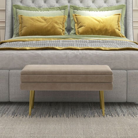 Banquette coffre de rangement 2 en 1 piètement effilé incliné acier doré velours taupe