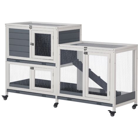 Pawhut – Clapier intérieur en bois 2 étages avec 6 roulettes – Dimensions 147L x 45,5l x 88,5H cm – Espace sécurisé pour lapins – Gris et blanc