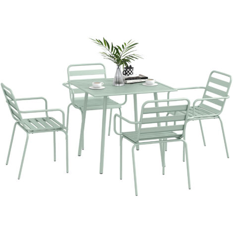 Outsunny – Salon de jardin 5 pièces – Ensemble salle à manger avec table 80x80cm et 4 chaises empilables en acier vert clair – Facile à nettoyer