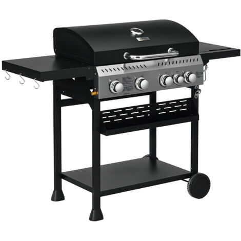 Barbecue à gaz 4+1 - 12,5 kW - 2 roues, étagères, thermomètre, décapsuleur, crochets - acier inox noir