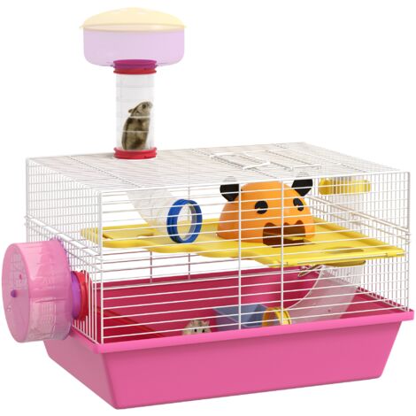 Pawhut – Cage pour rongeur avec plateforme, biberon d'eau, roue d'exercice – Acier blanc et PP rose – Dimensions 34L x 27l x 25H cm