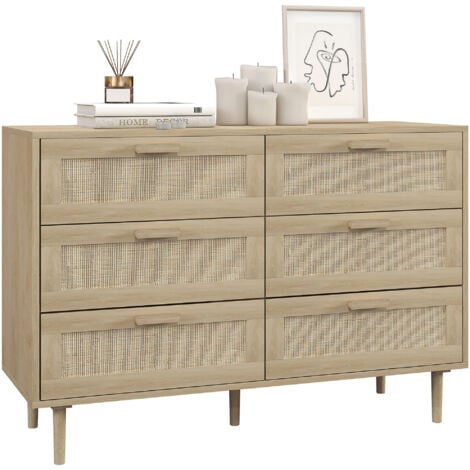 Commode 6 tiroirs style bohème chic - dim. 110L x 40l x 75H cm - cannage rotin aspect bois clair