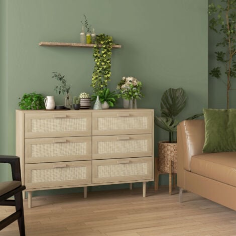 Commode 6 tiroirs style bohème chic - dim. 110L x 40l x 75H cm - cannage rotin aspect bois clair