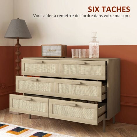 Commode 6 tiroirs style bohème chic - dim. 110L x 40l x 75H cm - cannage rotin aspect bois clair