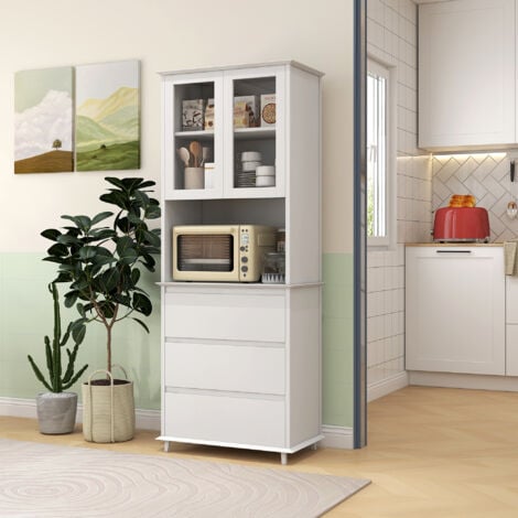 Buffet haut de cuisine 2 portes vitrées étagère niche 3 tiroirs dim. 68L x 38l x 172H cm MDF blanc
