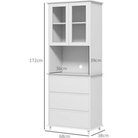 Buffet haut de cuisine 2 portes vitrées étagère niche 3 tiroirs dim. 68L x 38l x 172H cm MDF blanc