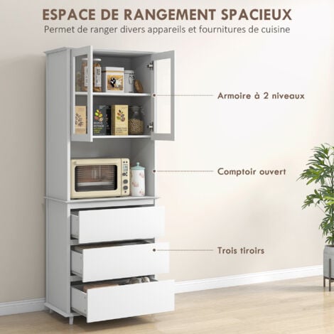 Buffet haut de cuisine 2 portes vitrées étagère niche 3 tiroirs dim. 68L x 38l x 172H cm MDF blanc