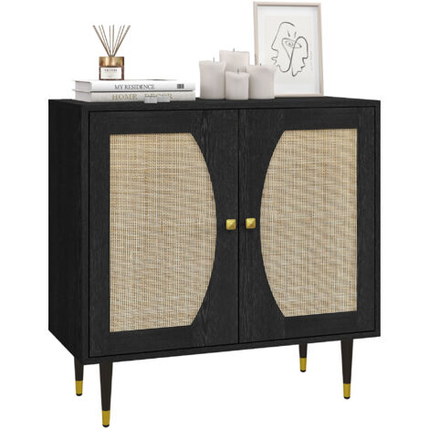 Homcom – Buffet 2 portes 2 étagères en bois mélaminé noir – Façade en cannage de rotin – Dimensions 80L x 38l x 79H cm – Anti-basculement inclus