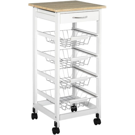 Homcom – Desserte de cuisine sur roulettes – 4 paniers métalliques coulissants – Tiroir et plateau en bois – Dimensions 37x37x82 cm – Charge max 20 kg (1/5)
