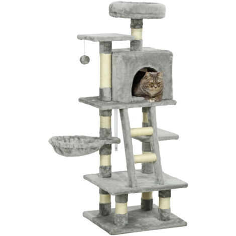 Pawhut – Arbre à chats gris 132 cm – 2 niches, 4 plate-formes, échelle, hamac, griffoirs en sisal naturel – Pour chats jusqu'à 4,5 kg