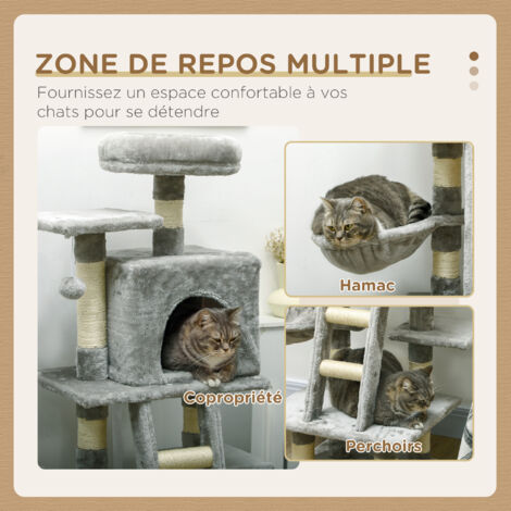 Arbre à Chat PawHut 165 Cm - 2 Niches, Griffoirs Sisal, Hamac, Plateformes, Pompons, Couleur Grise - 9