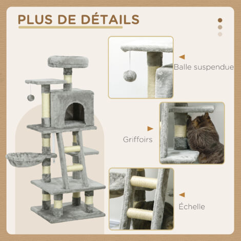 Arbre à Chat PawHut 177 Cm - 3 Plateformes, 2 Niches, 2 Hamacs | Griffoir Sisal, Stable, Pour Plusieurs Chats