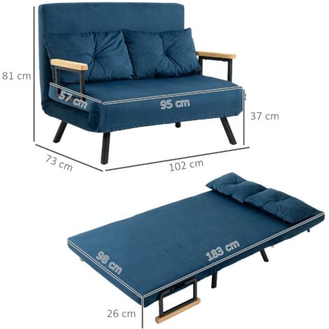 Canapé convertible 2 places canapé-lit dossier réglable 5 niv. 2 coussins revêtement effet velours bleu
