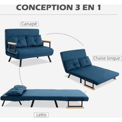 Canapé convertible 2 places canapé-lit dossier réglable 5 niv. 2 coussins revêtement effet velours bleu