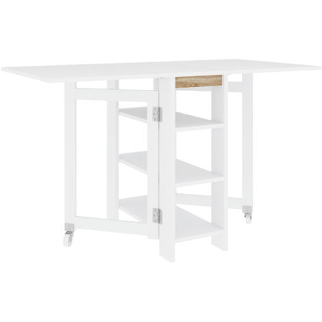Homcom – Table pliante 120x60cm – 4 places – Pliable avec 3 étagères – Sur roulettes – Blanc