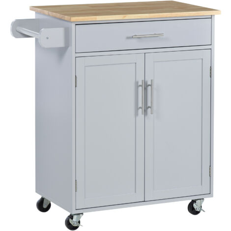 Homcom – Desserte de cuisine 2 portes – Étagère, tiroir, porte-torchons – Bois hévéa et pin gris – Dimensions 83x45x91,5 cm