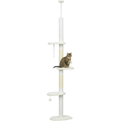 Pawhut – Arbre à chat réglable 225-255 cm – 3 griffoirs en sisal – 2 balles – Structure en aggloméré blanc – Système anti-basculement