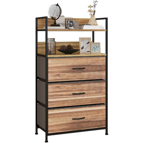 Homcom – Commode 3 tiroirs avec 2 étagères – Dimensions 60L x 29l x 101H cm – Châssis métal noir, tiroirs en tissu non tissé, façades bois