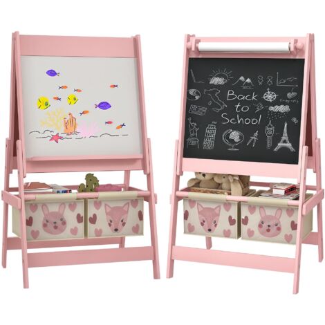 Tableau chevalet enfant - tableau blanc, tableau à craie, rouleau papier 3 en 1 - paniers rangement intégrés - MDF pin rose