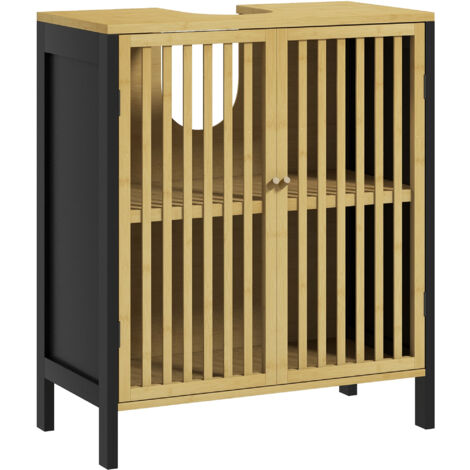 Homcom – Meuble sous vasque 60L MDF noir – 2 portes en bambou verni – Étagère réglable 3 niveaux – Charge max 30 kg (1/5)
