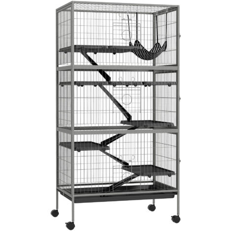 Pawhut – Cage pour rongeurs 4 plateformes 3 rampes 4 portes – Acier gris moucheté – Dimensions 80L x 52l x 159H cm – Maillage dense 2,5 cm