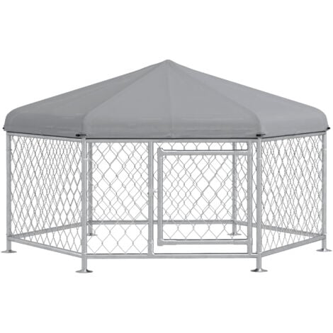 Chenil pour chien entièrement couvert - enclos chien - dim. 210L x 185l x 120H cm - porte verrouillable - acier galvanisé gris