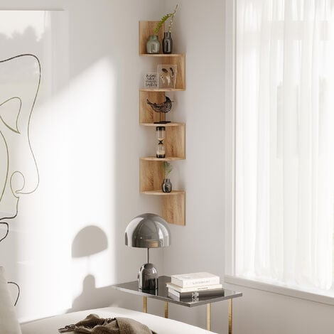 Étagère d'angle étagère de rangement design contemporain zig zag 20L x 20l x 126H cm 5 niveaux panneaux de particules chêne clair