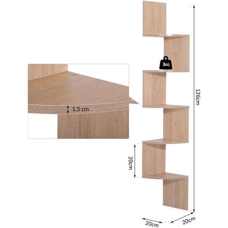 Étagère d'angle étagère de rangement design contemporain zig zag 20L x 20l x 126H cm 5 niveaux panneaux de particules chêne clair