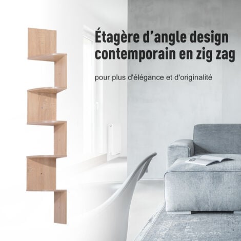 Étagère d'angle étagère de rangement design contemporain zig zag 20L x 20l x 126H cm 5 niveaux panneaux de particules chêne clair