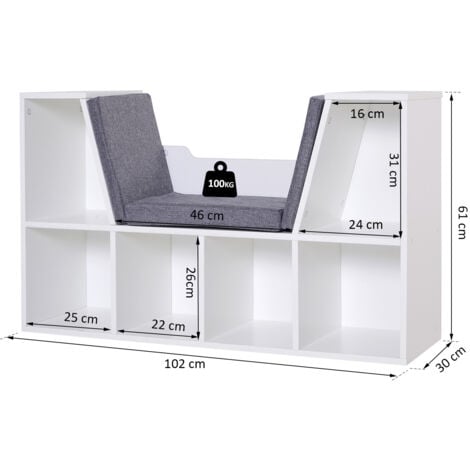 Bibliothèque banc 2 en 1 design contemporain 6 casiers 3 coussins fournis 102L x 30l x 61H cm blanc gris chiné