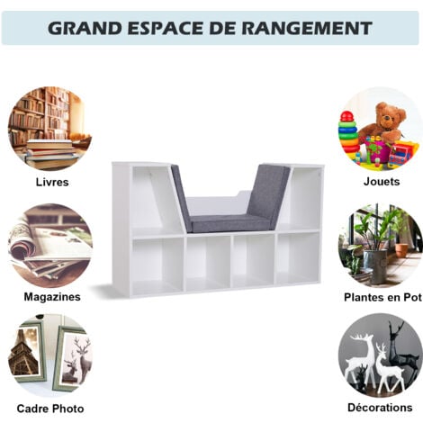 Bibliothèque banc 2 en 1 design contemporain 6 casiers 3 coussins fournis 102L x 30l x 61H cm blanc gris chiné