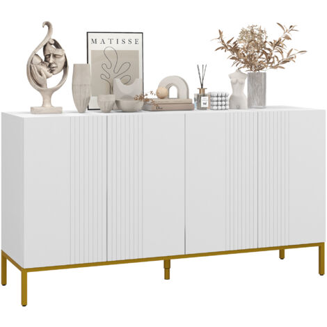 Homcom – Buffet contemporain 140L x 40l x 75H cm – 4 portes, 2 étagères – Acier doré, panneaux blanc – Meuble de rangement design