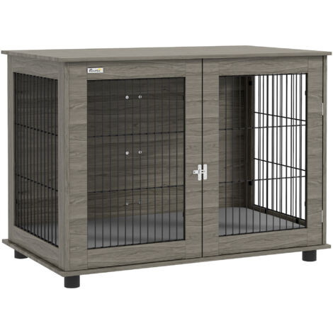 Pawhut – Cage pour chien intérieure 100L x 60l x 73,5H cm – Acier noir effet bois gris – Coussin déhoussable – Porte verrouillable pour sécurité