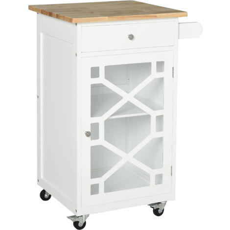 Homcom – Desserte de cuisine à roulettes – MDF blanc et bois hévéa – Tiroir, placard, porte-serviette – Dimensions 63L x 45P x 86H cm (1/5)