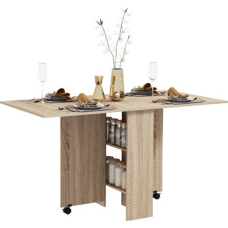 Table à manger pliante mobile sur roulettes avec 2 plateaux rabattables et 2 étagères intégrées - 140 x 80 x 74 cm naturel
