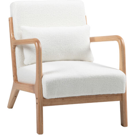 Homcom – Fauteuil relax en bois hévéa – Assise profonde avec 3 coussins – Effet velours crème – Dimensions 61L x 78l x 76H cm