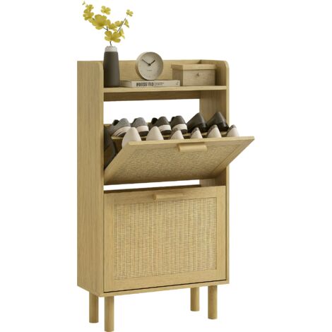 Homcom – Meuble à chaussures 80x24,5x110 cm – 2 portes abattantes – Cannage rotin bois clair – Charge max 35 kg – Pour entrée ou couloir