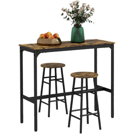 Homcom – Ensemble 2 places 3 pièces table haute et 2 tabourets – Acier noir aspect bois vieilli – Dimensions table 105x40x90cm, tabourets Ø30x60cm